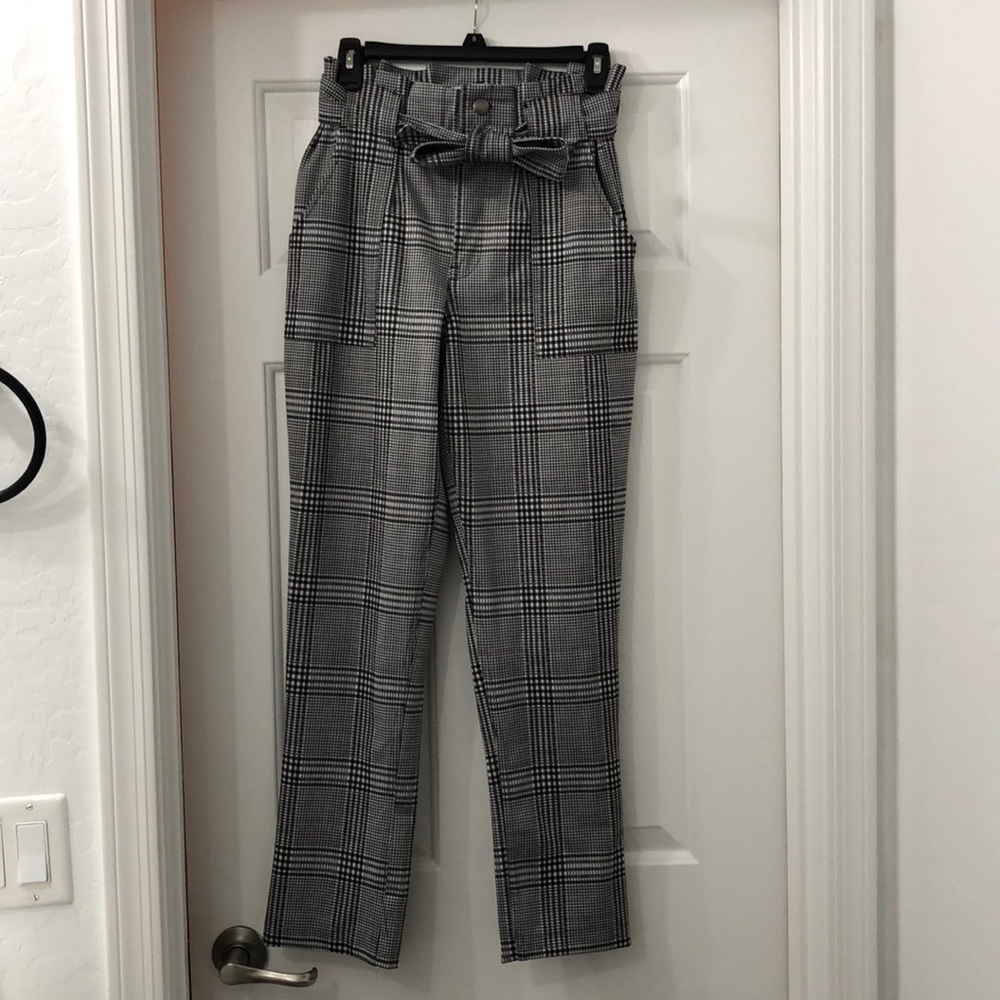 High waisted paper bag plaid pants